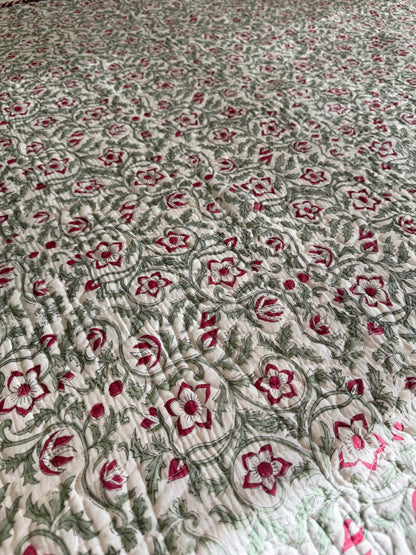 House of Mulmul - Blockprinted Cotton Bedcover Reversible Muslin. Floral patterned cotton bedcover bedspread with red and green design.