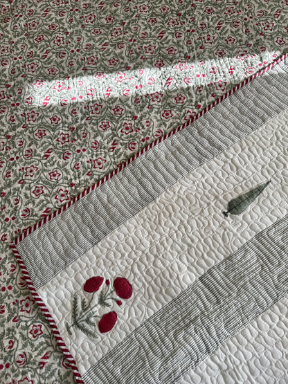 House of Mulmul - Blockprinted Cotton Bedcover Reversible Muslin. Cotton bedcover with floral border and embroidered design