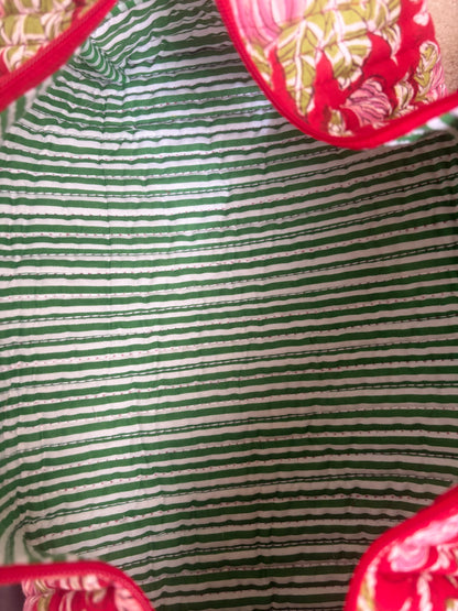 House of Mulmul - Blockprinted Cotton Hair Tool Bag. Green and white striped hair tool bag with red floral patterns on the edges
