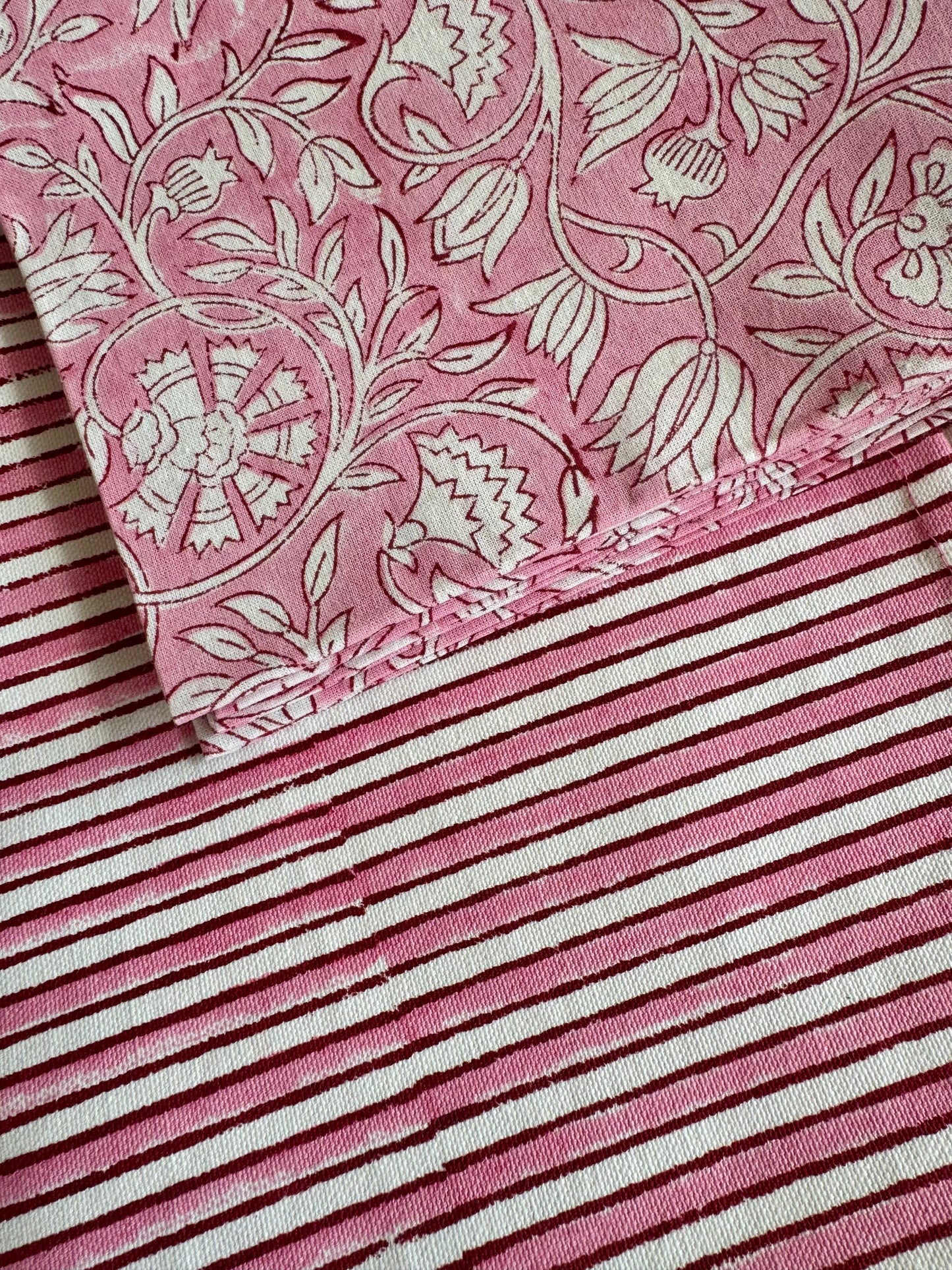 Blockprinted Cotton Placemats & Napkins set (Striped Pink Peony)