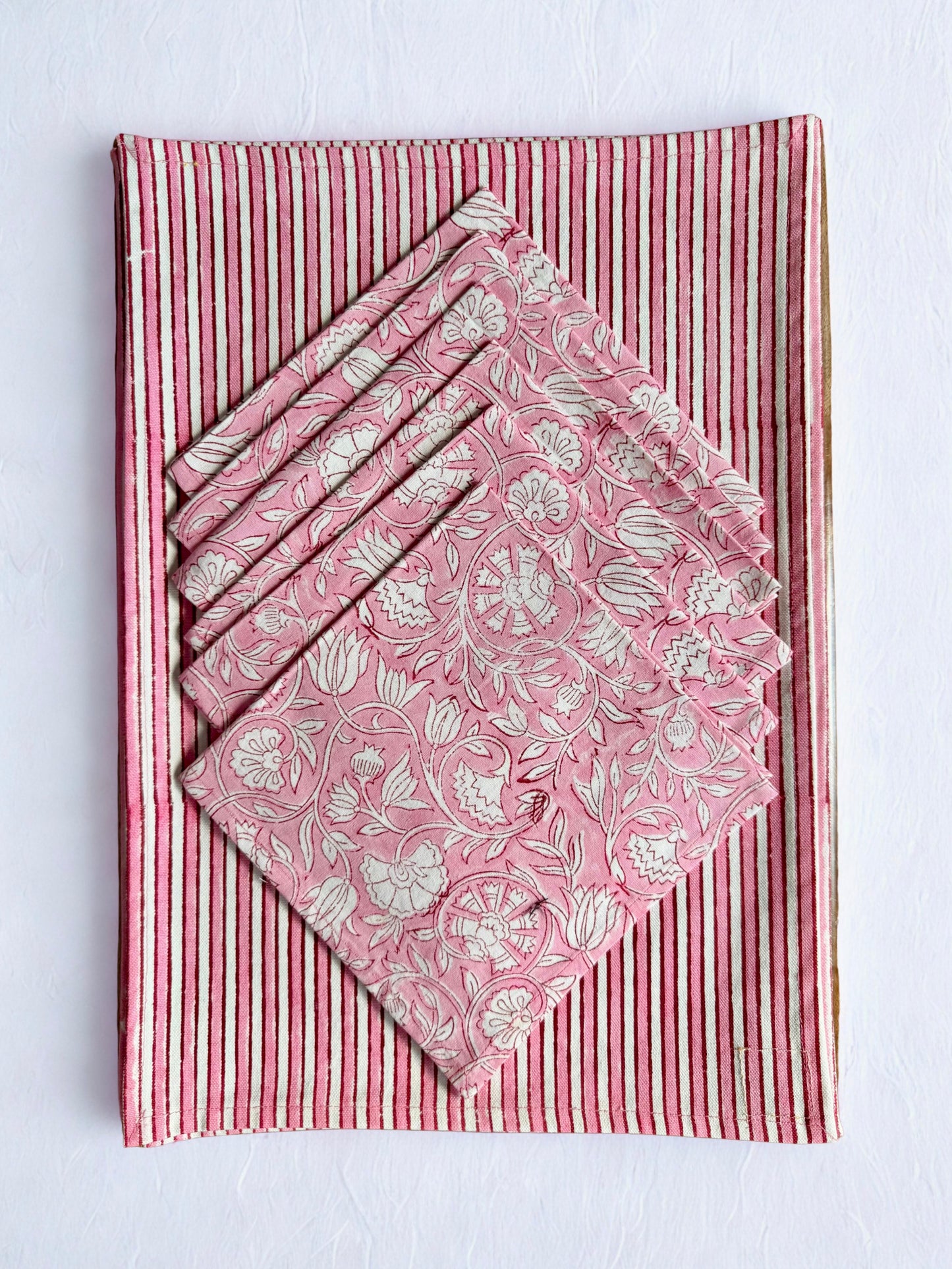 Blockprinted Cotton Placemats & Napkins set (Striped Pink Peony)