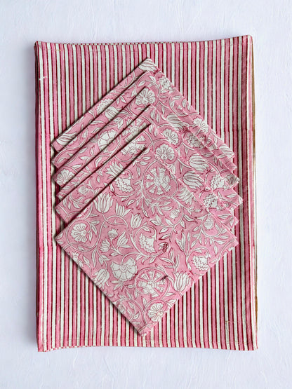 Blockprinted Cotton Placemats & Napkins set (Striped Pink Peony)