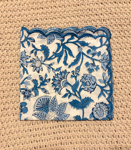 Blockprinted Cotton Napkins (Blue White Embroidery)
