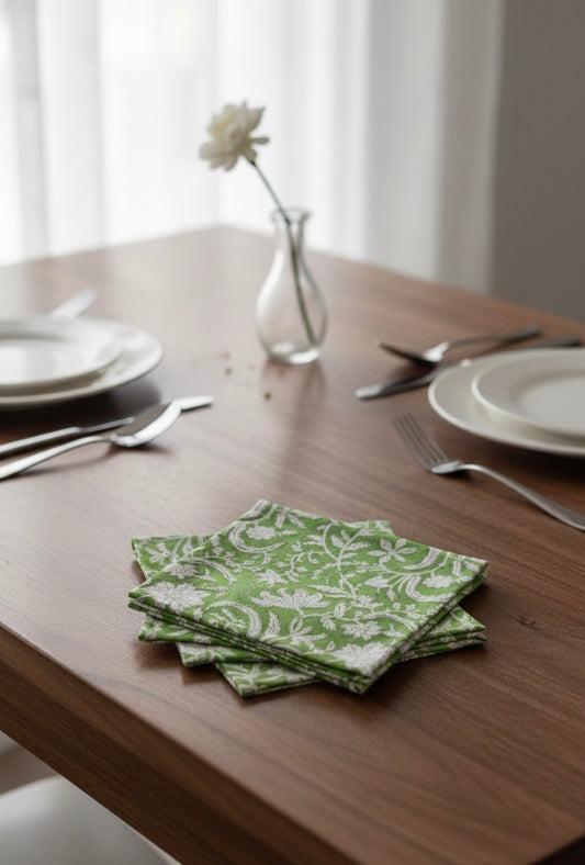 House of Mulmul - Blockprinted Cotton Napkins. Green patterned napkins on a wooden table with white plates and silverware.