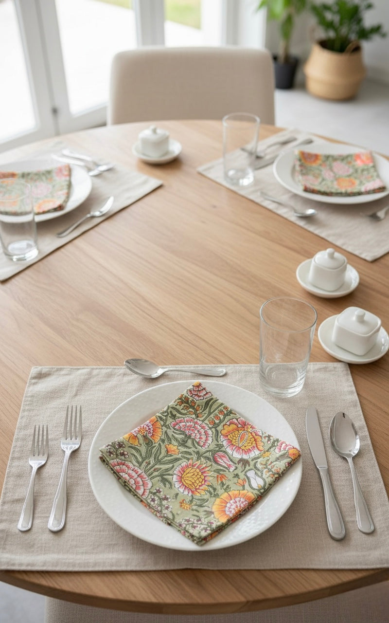 House of Mulmul - Blockprinted Cotton Napkins. Dining table set with floral napkins, cutlery, and glasses in a bright room.