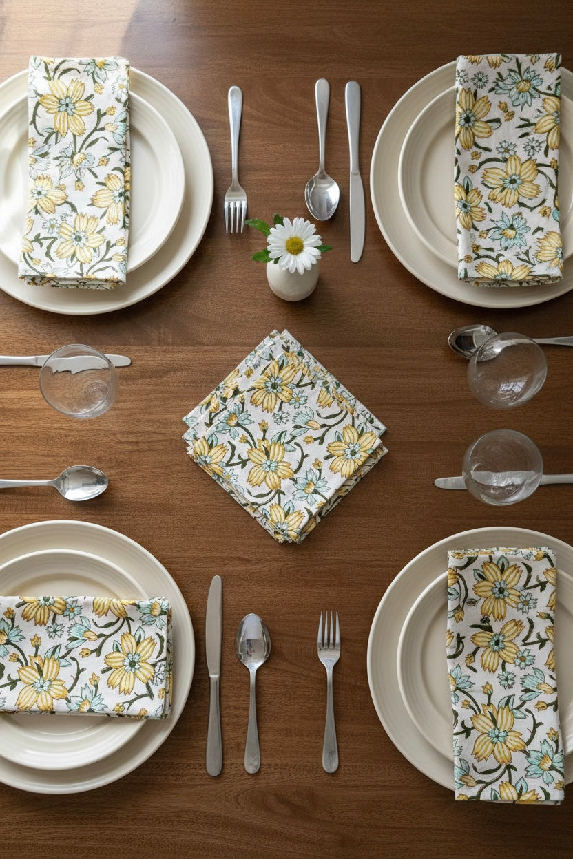 House of Mulmul - Blockprinted Cotton Napkins. Set table with floral-patterned napkins on plates, silverware, and glasses on a wooden surface.