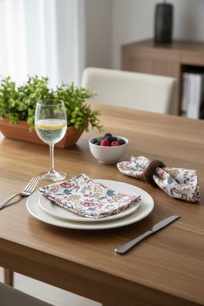 House of Mulmul - Blockprinted Cotton Napkins. Dining table setting with floral napkins, glass of water, and bowl of fruit.
