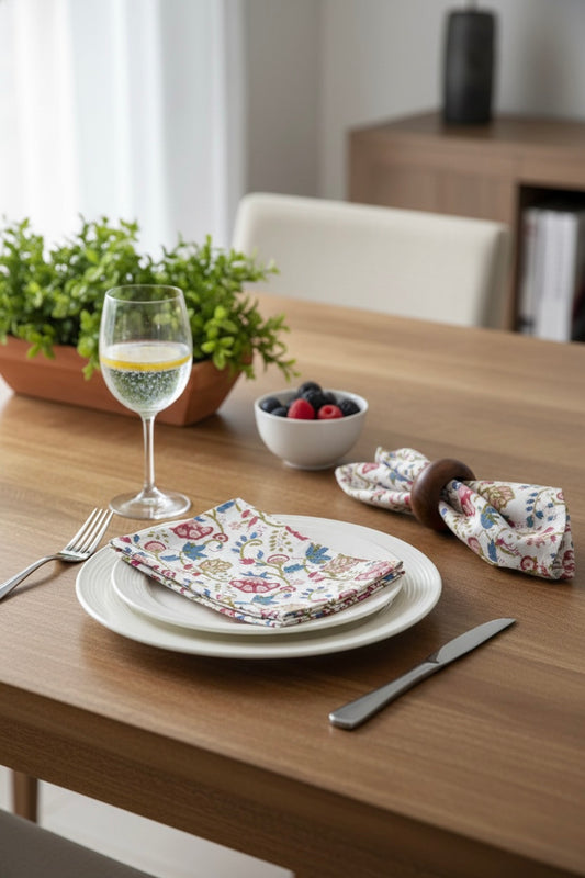 House of Mulmul - Blockprinted Cotton Napkins. Dining table setting with floral napkins, glass of water, and bowl of fruit.