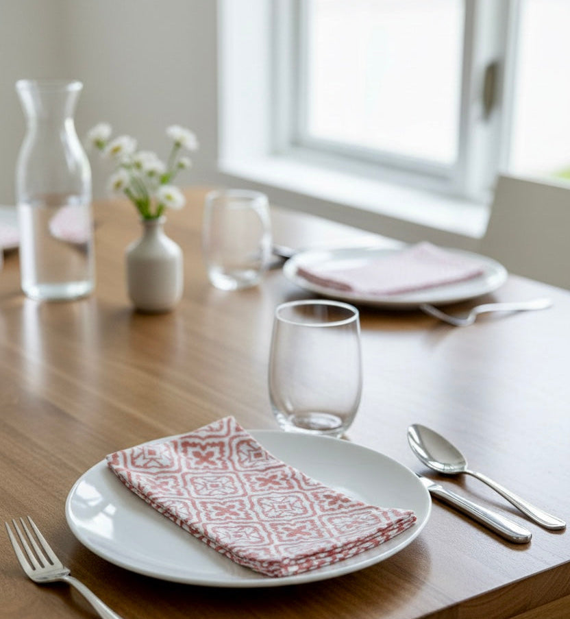 House of Mulmul - Blockprinted Cotton Napkins. Dining table setting with plates, napkins, and cutlery in a bright room.
