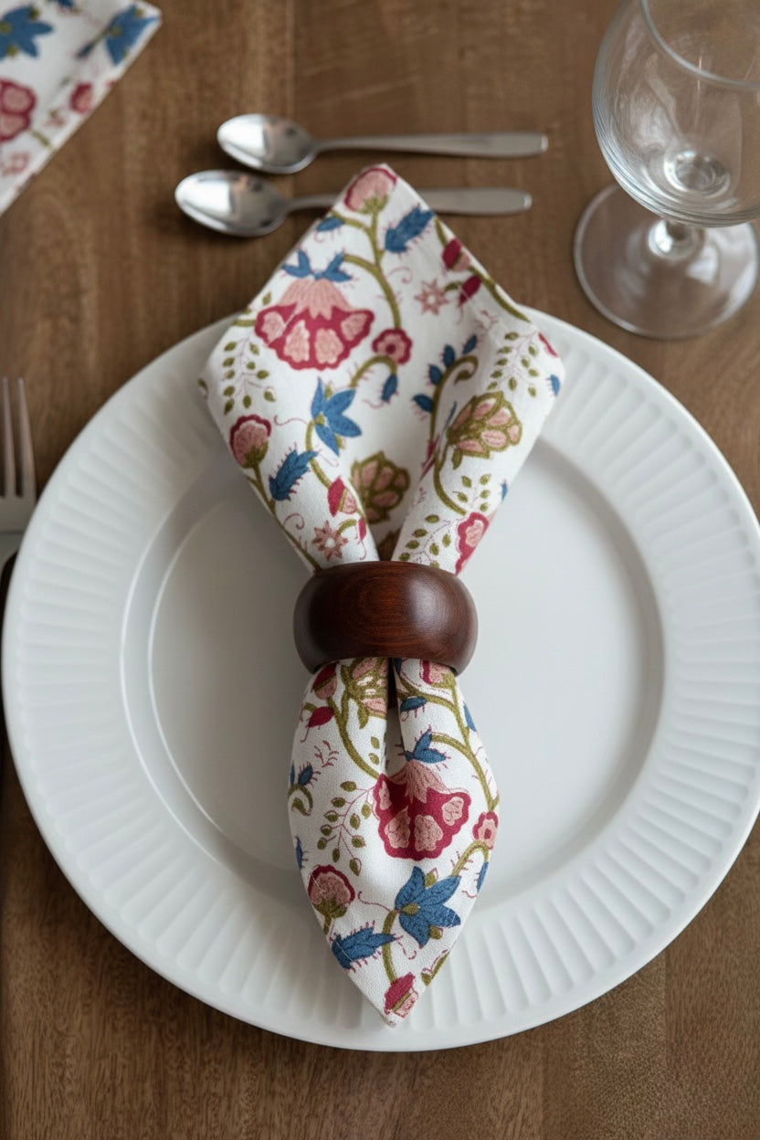 House of Mulmul - Blockprinted Cotton Napkins. Floral napkin with wooden ring on a white plate on a wooden table.
