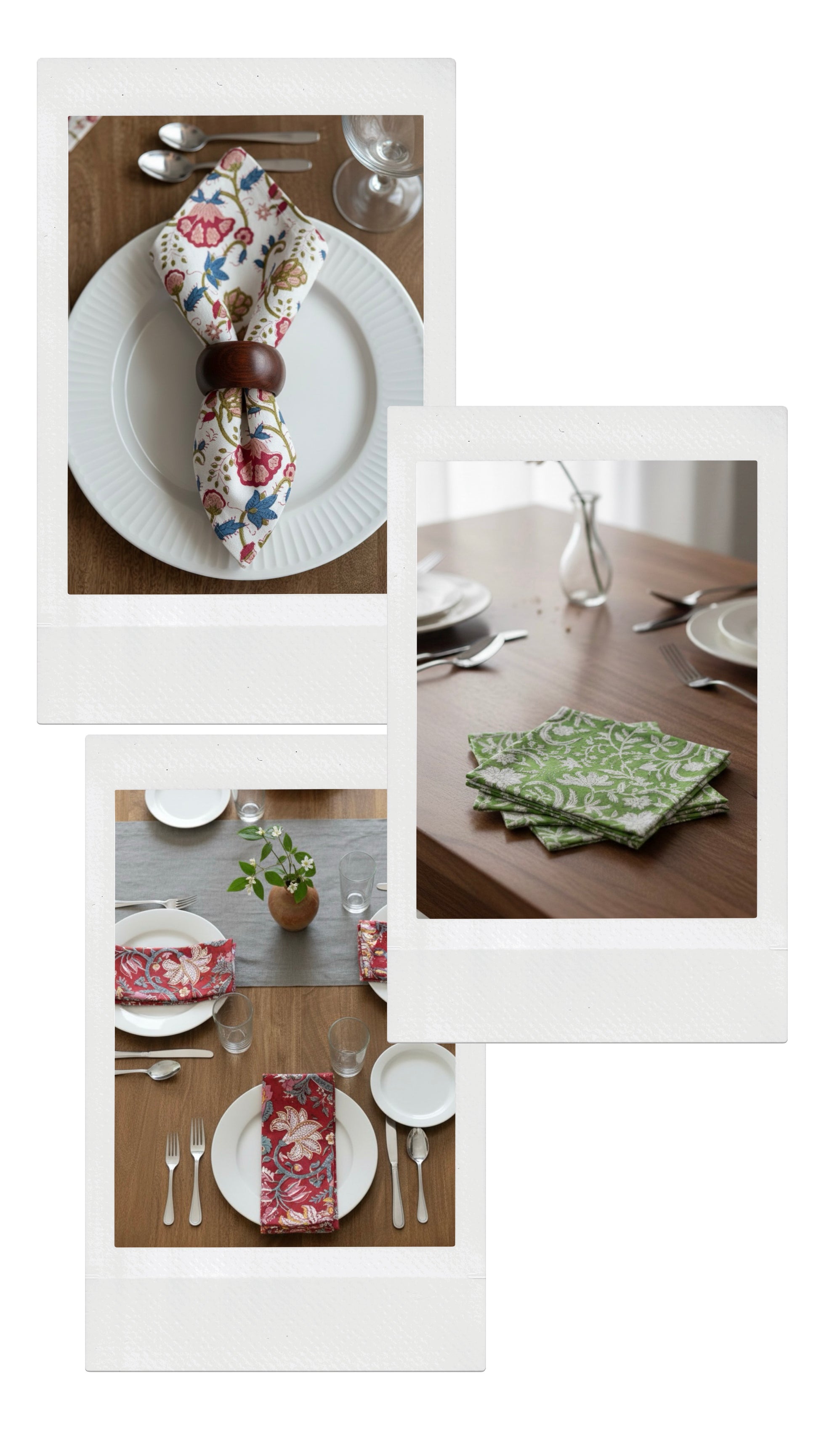 House of Mulmul - Blockprinted Cotton Napkins. Collage of table settings with floral napkins and plates.