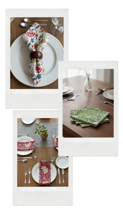 House of Mulmul - Blockprinted Cotton Napkins. Collage of table settings with floral napkins and plates.