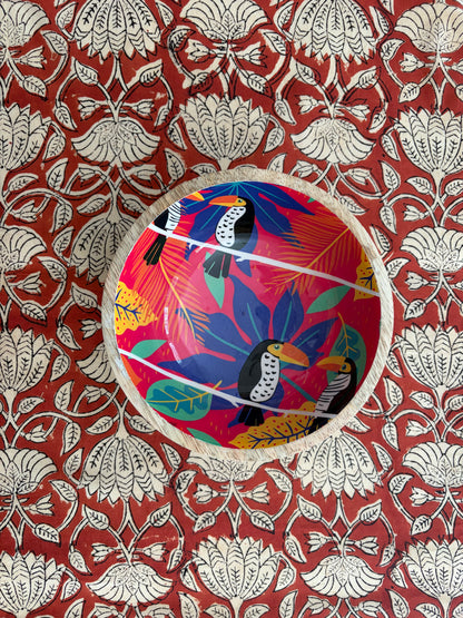 House of Mulmul - Blockprinted Cotton Reversible Table Runner & Mats set. Colorful circular design with birds and leaves on a red floral patterned background