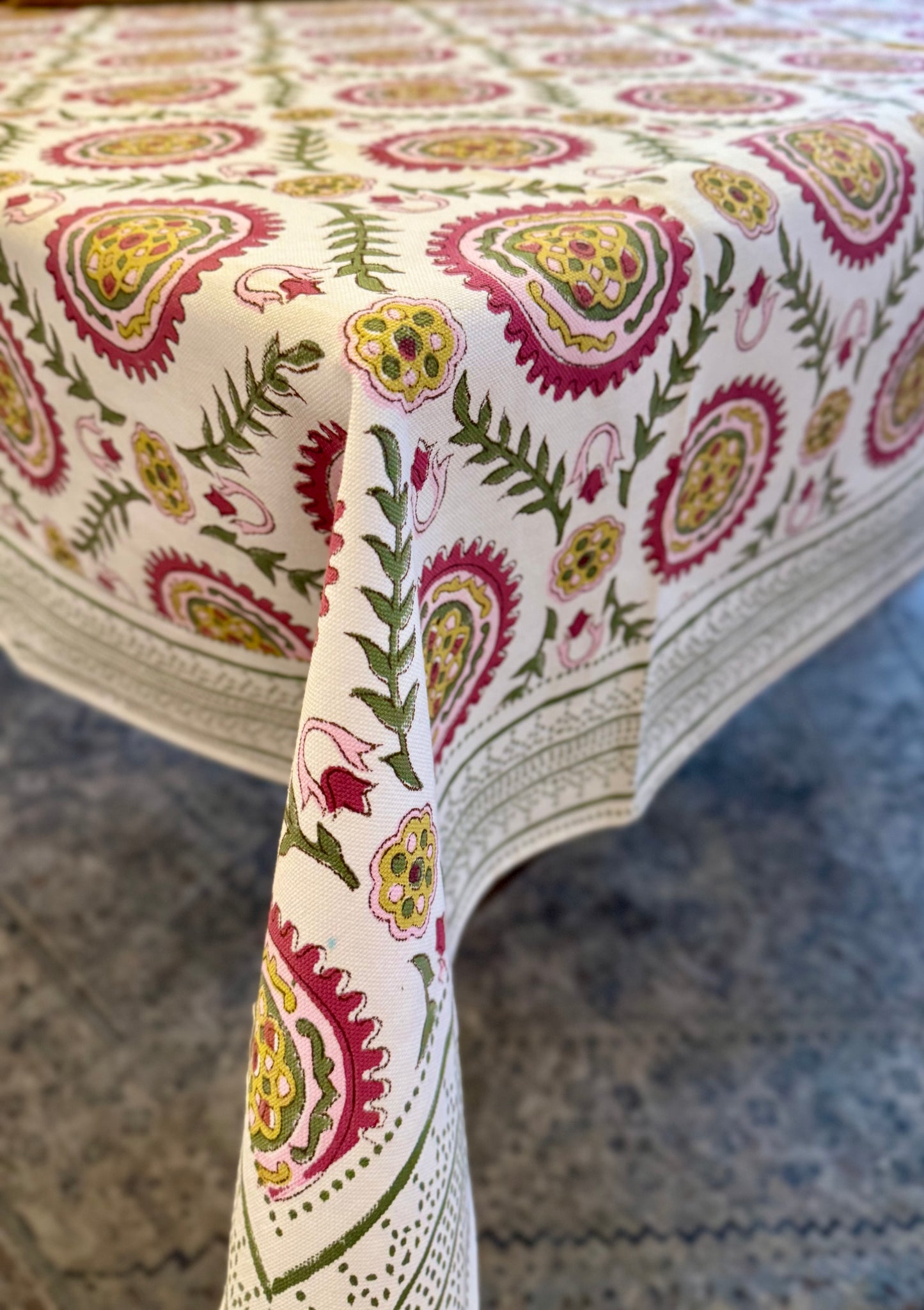 House of Mulmul - Blockprinted Cotton Table Cloth. Decorative cotton tablecloth with intricate paisley pattern on a textured surface