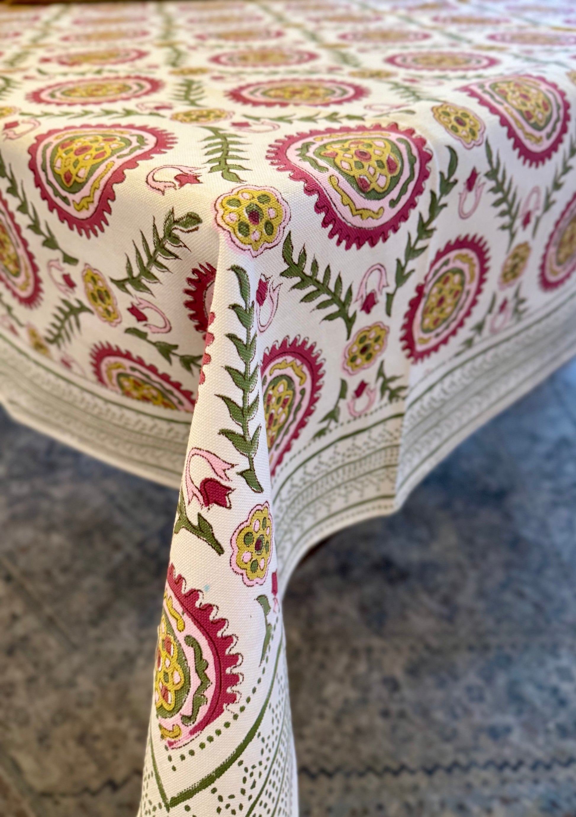 House of Mulmul - Blockprinted Cotton Table Cloth. Decorative cotton tablecloth with intricate paisley pattern on a textured surface
