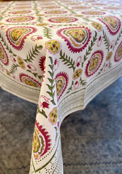 House of Mulmul - Blockprinted Cotton Table Cloth. Decorative cotton tablecloth with intricate paisley pattern on a textured surface