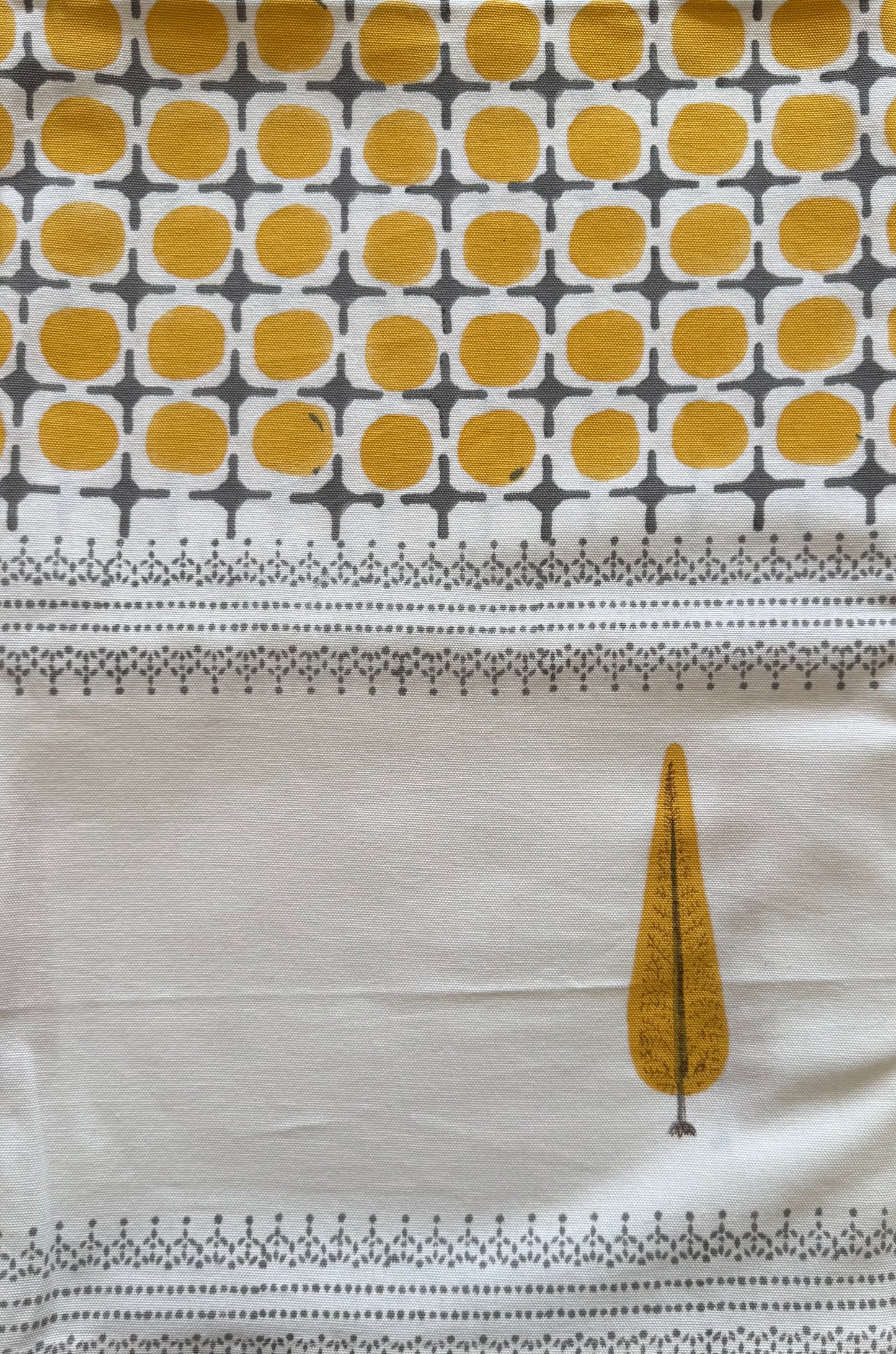 House of Mulmul - Blockprinted Cotton Table Cloth. Table cover with yellow circle pattern and tree design on a white background
