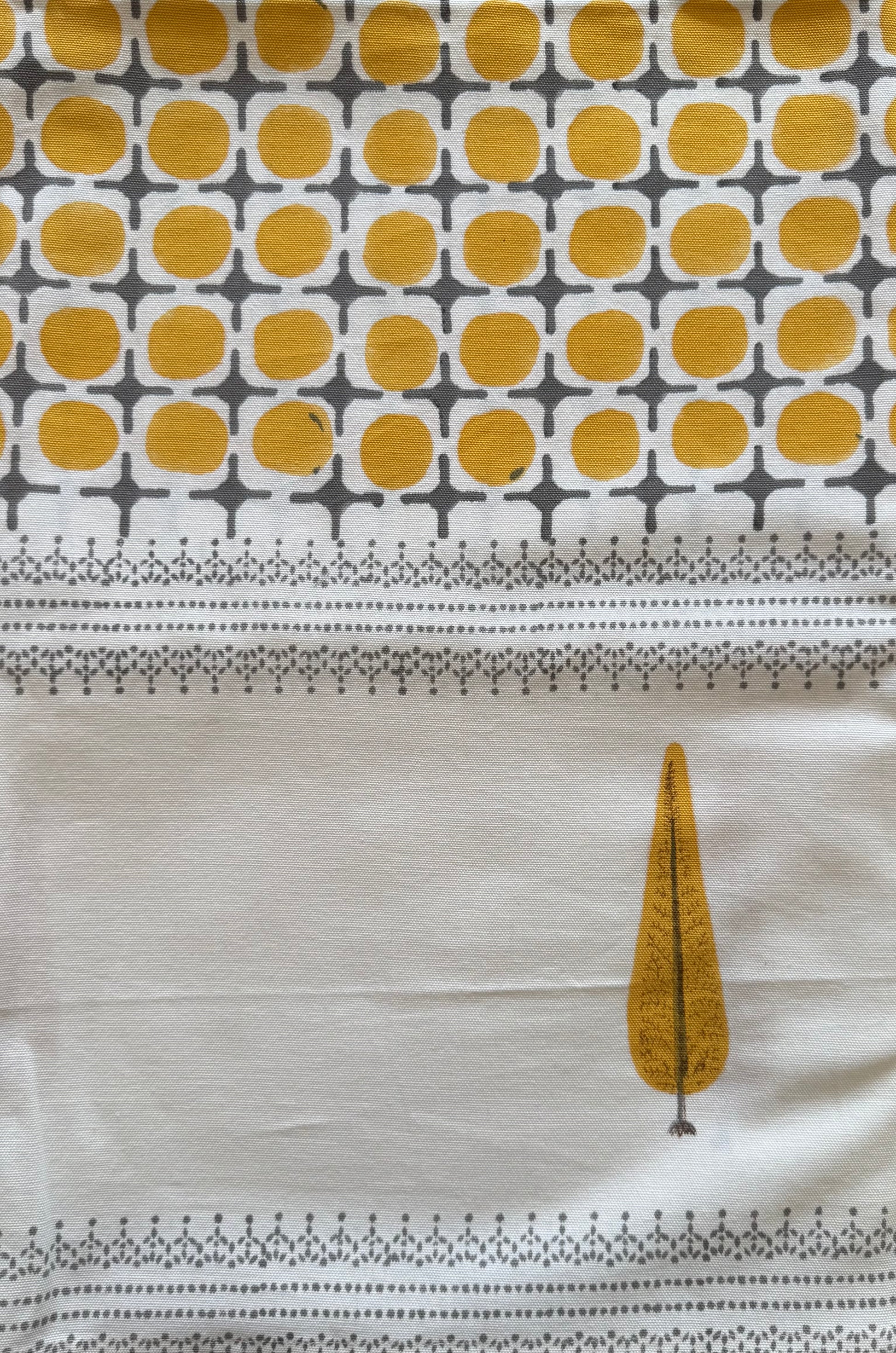 House of Mulmul - Blockprinted Cotton Table Cloth. Table cover with yellow circle pattern and tree design on a white background