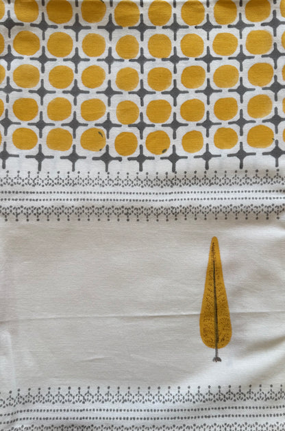 House of Mulmul - Blockprinted Cotton Table Cloth. Table cover with yellow circle pattern and tree design on a white background