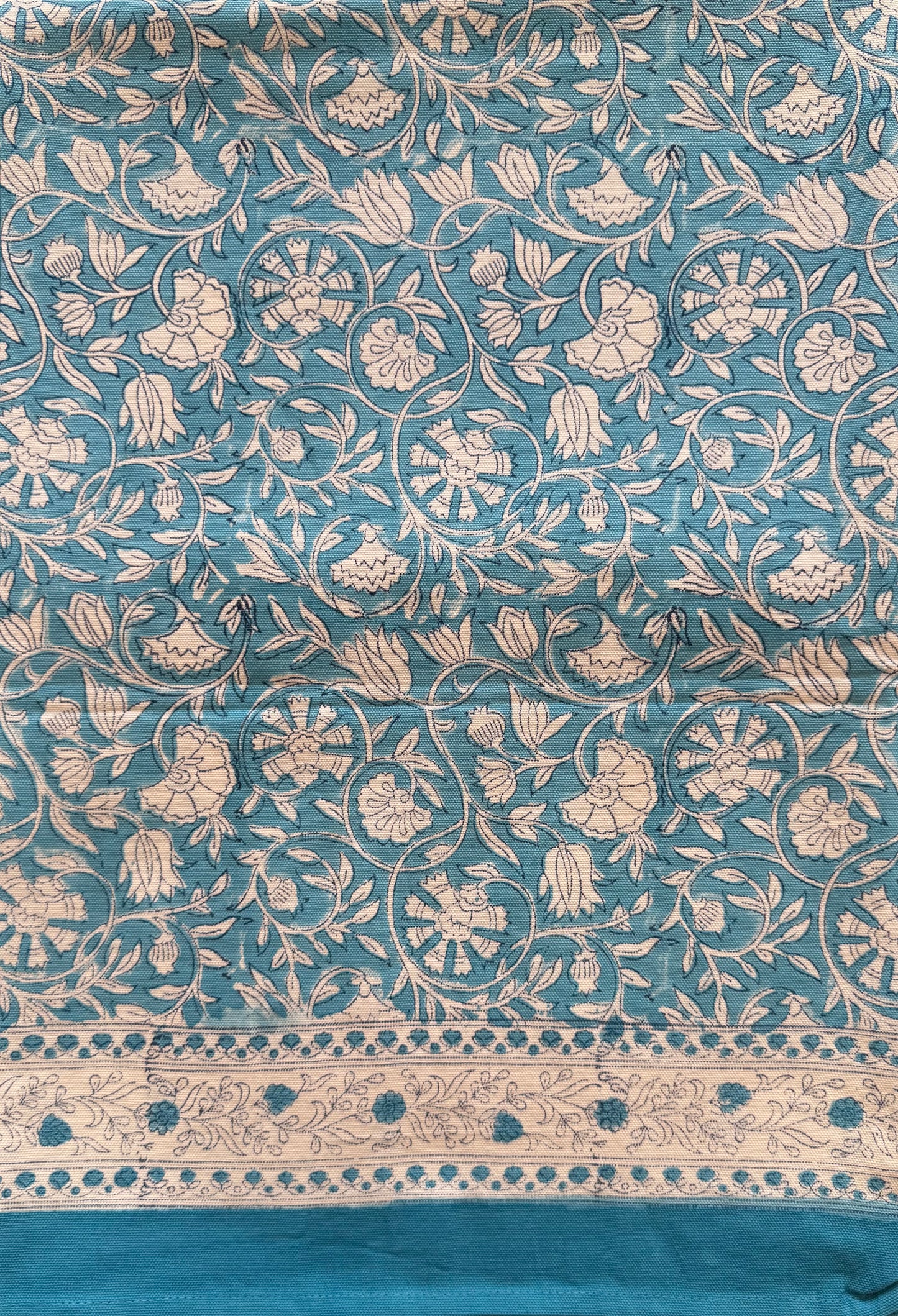 House of Mulmul - Blockprinted Cotton Table Cloth. Blue cotton tablecloth with intricate white floral pattern