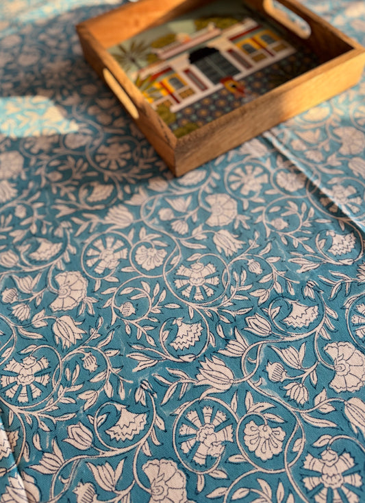 House of Mulmul - Blockprinted Cotton Table Cloth. Floral patterned tablecloth blue white with a wooden box on top