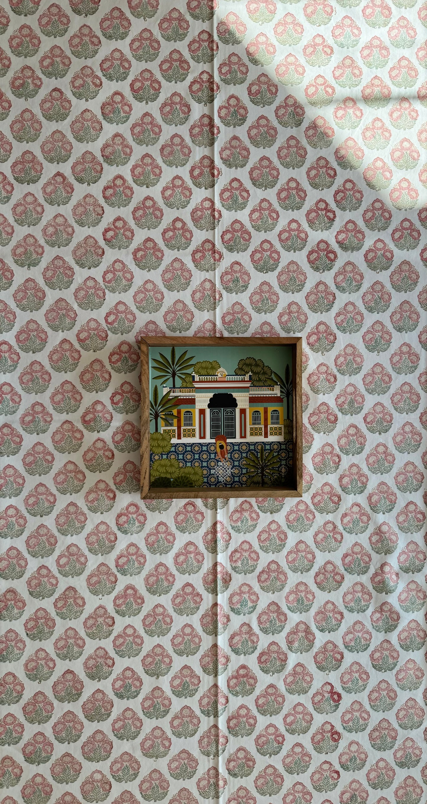 House of Mulmul - Blockprinted Cotton Table Cloth. Decorative cotton tablecloth with a small framed picture of a building on a floral patterned background