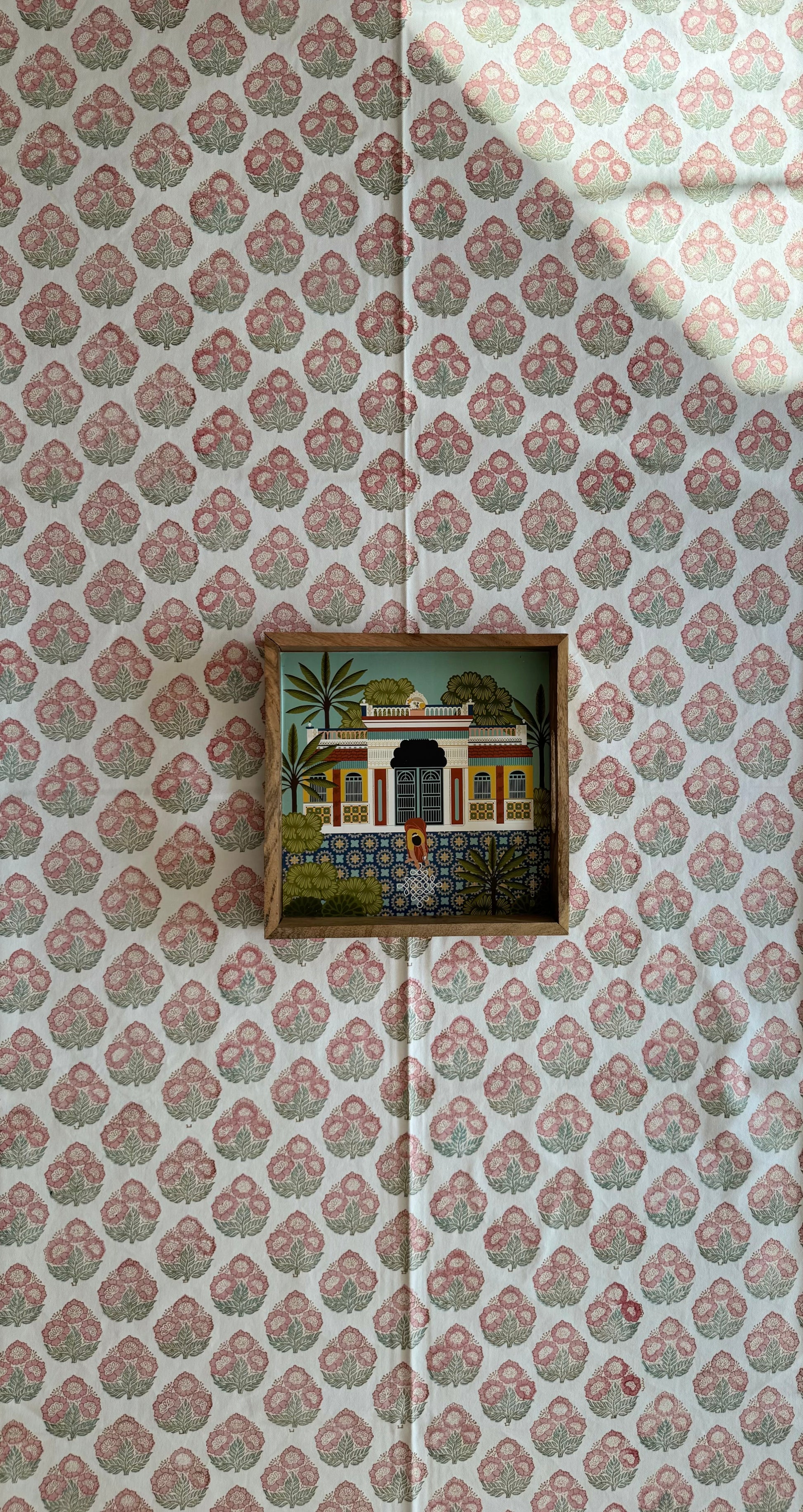House of Mulmul - Blockprinted Cotton Table Cloth. Decorative cotton tablecloth with a small framed picture of a building on a floral patterned background