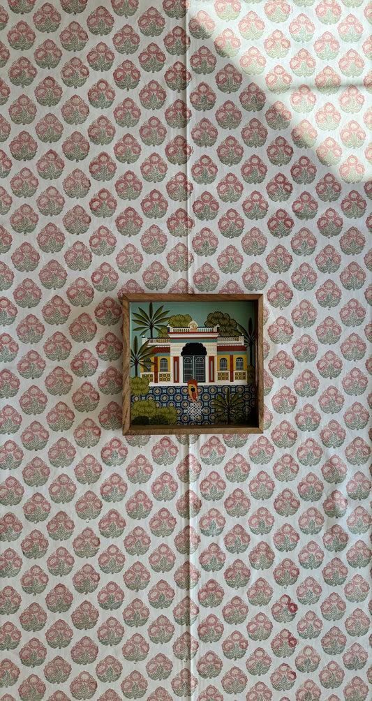 House of Mulmul - Blockprinted Cotton Table Cloth. Decorative cotton tablecloth with a small framed picture of a building on a floral patterned background