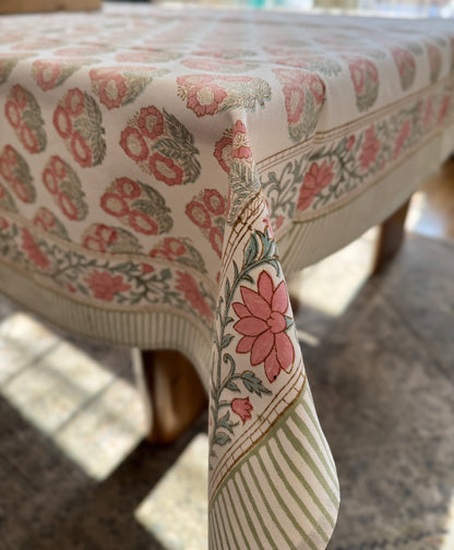 House of Mulmul - Blockprinted Cotton Table Cloth. Floral patterned tablecloth on a wooden table