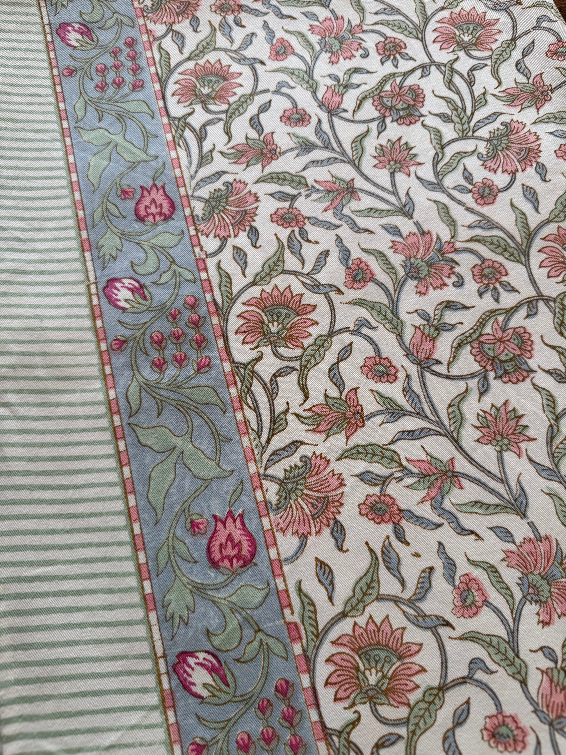 House of Mulmul - Blockprinted Cotton Table Cloth. Floral patterned table cover with a decorative border