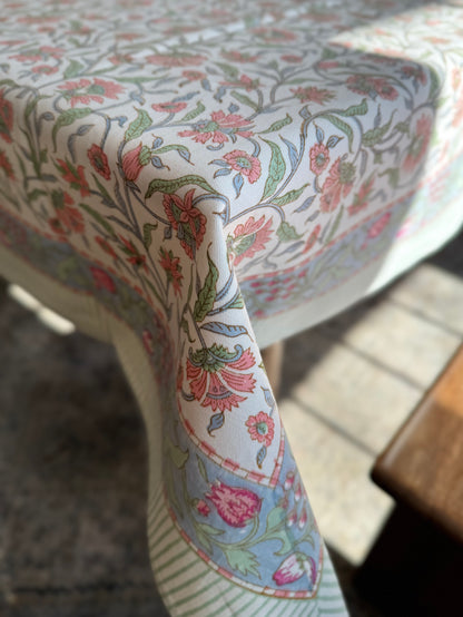 House of Mulmul - Blockprinted Cotton Table Cloth. Floral patterned tablecloth on a wooden table