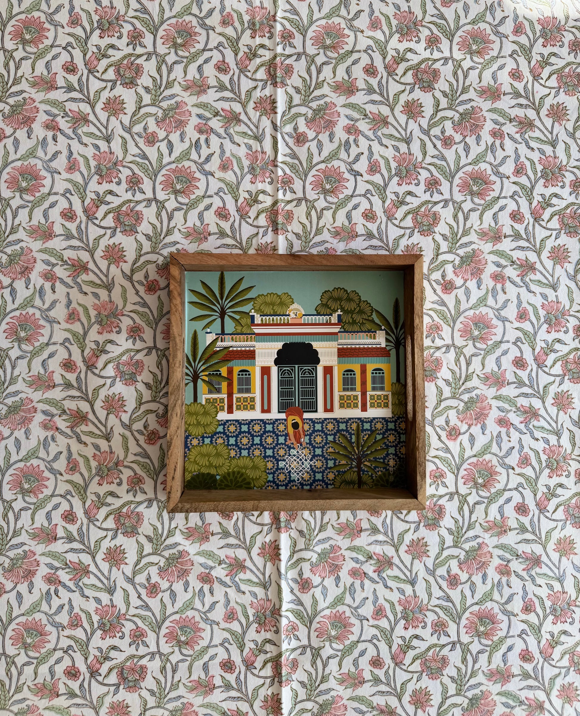 House of Mulmul - Blockprinted Cotton Table Cloth. Decorative cotton tablecloth with a wooden tray.