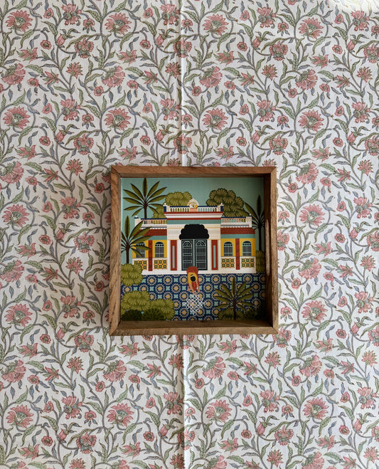 House of Mulmul - Blockprinted Cotton Table Cloth. Decorative cotton tablecloth with a wooden tray.