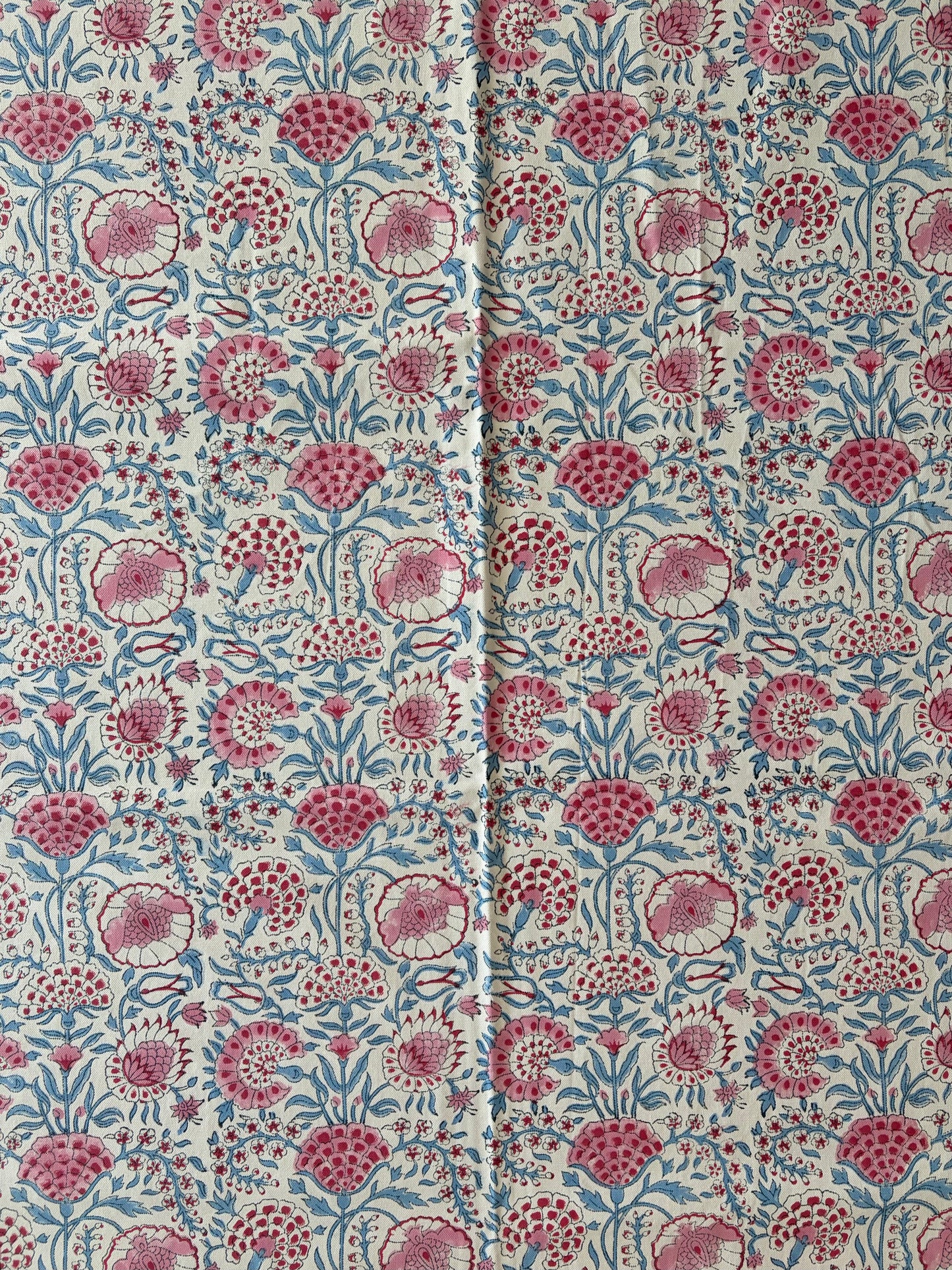 House of Mulmul - Blockprinted Cotton Table Cloth. Floral patterned fabric with pink and blue flowers on a white background