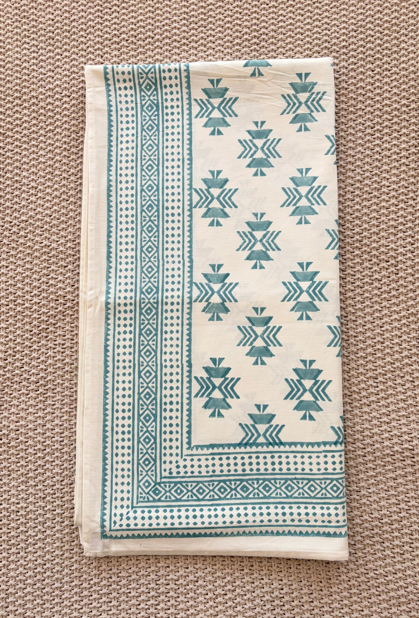 Alcott Frame Block Print Cotton Tablecloth - Blue White - 8 Seater - 60x108 inches