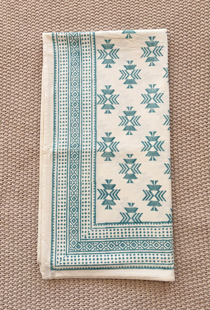 Alcott Frame Block Print Cotton Tablecloth - Blue White - 8 Seater - 60x108 inches