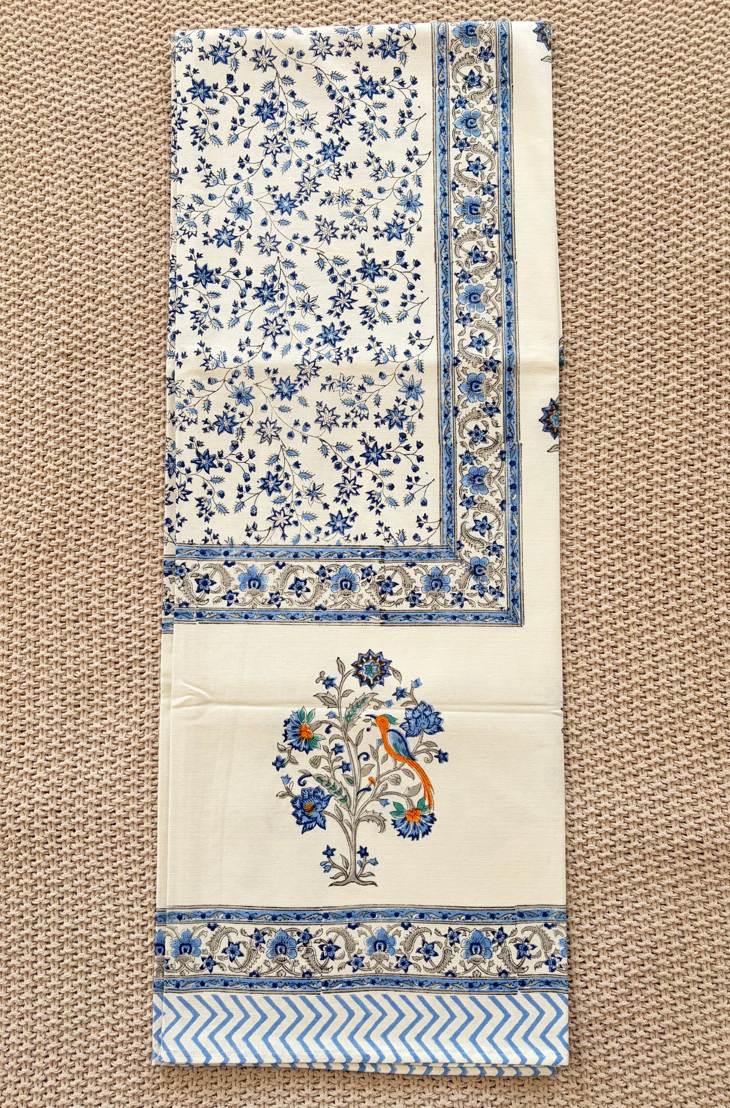 Sapphire Orchard Block Print Cotton Tablecloth - Blue White - 8 Seater - 60x108 inches