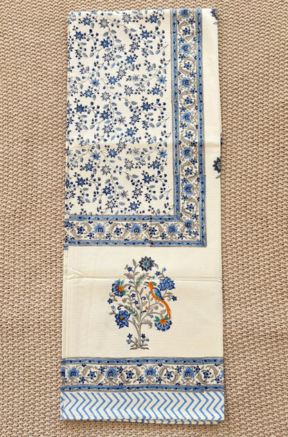 Sapphire Orchard Block Print Cotton Tablecloth - Blue White - 8 Seater - 60x108 inches