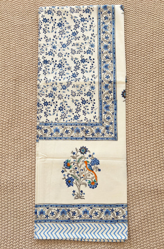 Sapphire Orchard Block Print Cotton Tablecloth - Blue White - 8 Seater - 60x108 inches