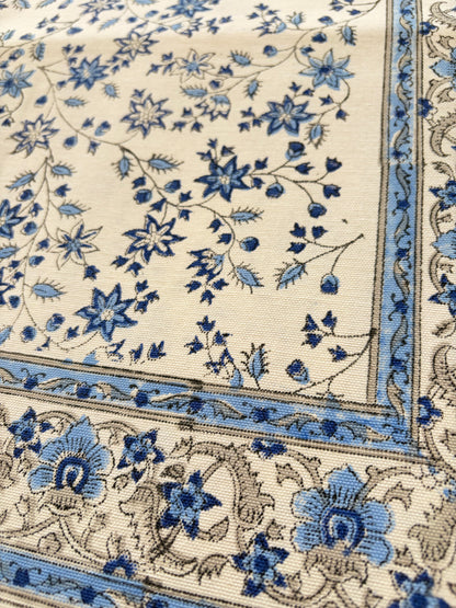 Sapphire Orchard Block Print Cotton Tablecloth - Blue White - 8 Seater - 60x108 inches