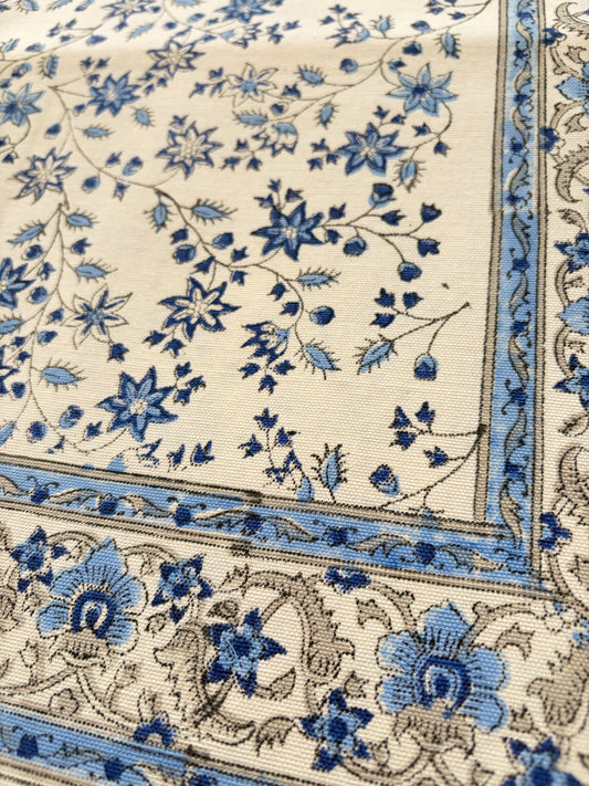 Sapphire Orchard Block Print Cotton Tablecloth - Blue White - 8 Seater - 60x108 inches