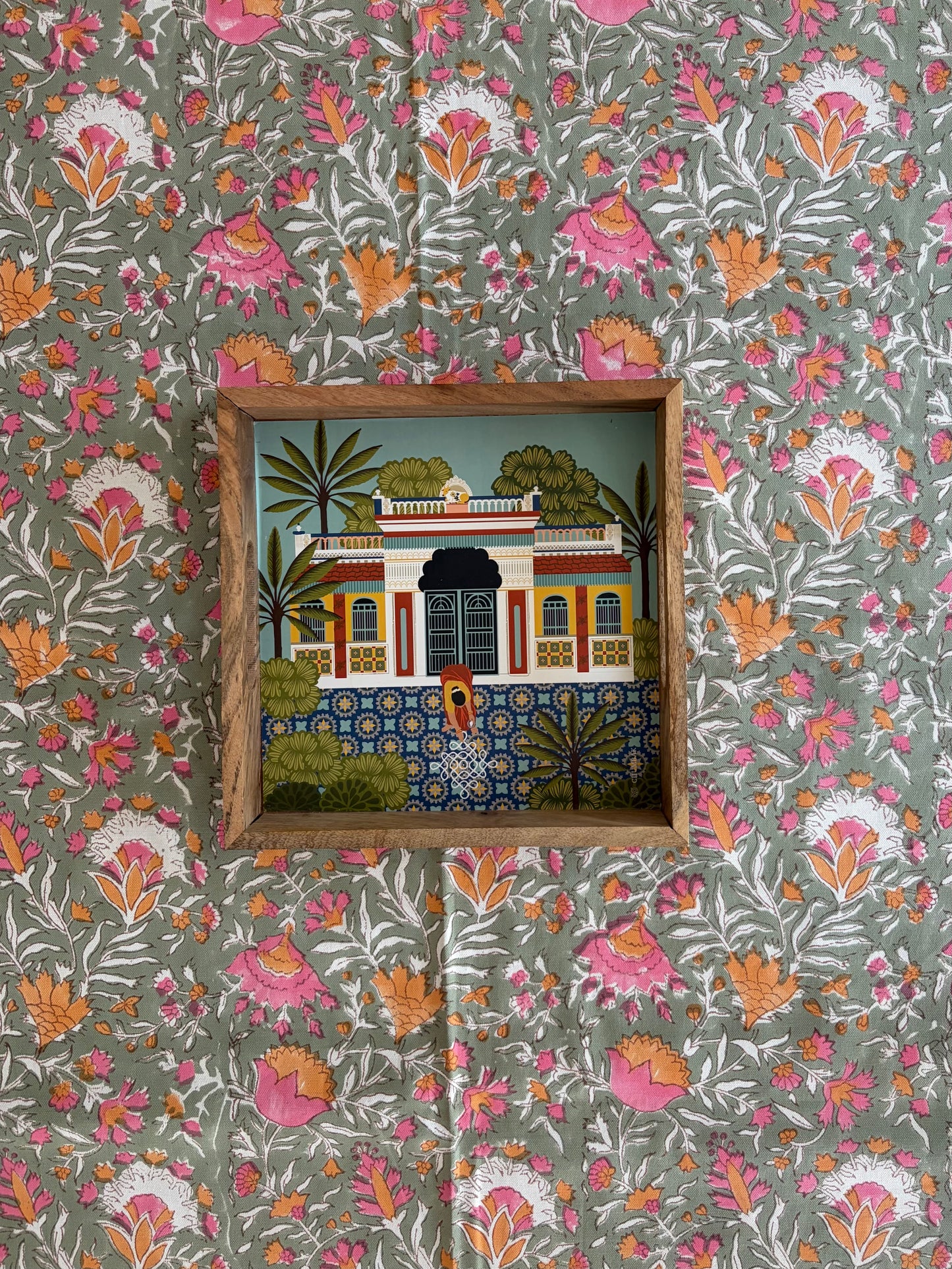 Zinnia Bazaar Block Print Cotton Tablecloth collection - Green Pink Orange - Multiple Sizes
