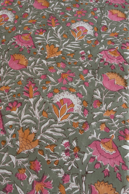 Zinnia Bazaar Block Print Cotton Tablecloth collection - Green Pink Orange - Multiple Sizes