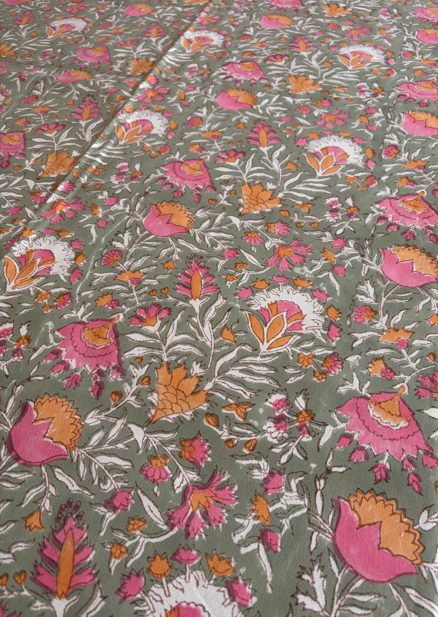 Zinnia Bazaar Block Print Cotton Tablecloth collection - Green Pink Orange - Multiple Sizes