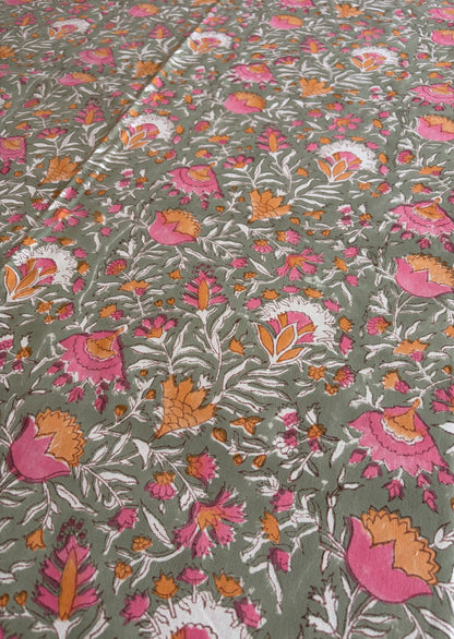 Zinnia Bazaar Block Print Cotton Tablecloth collection - Green Pink Orange - Multiple Sizes