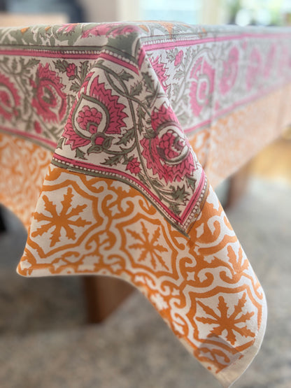 Zinnia Bazaar Block Print Cotton Tablecloth collection - Green Pink Orange - Multiple Sizes