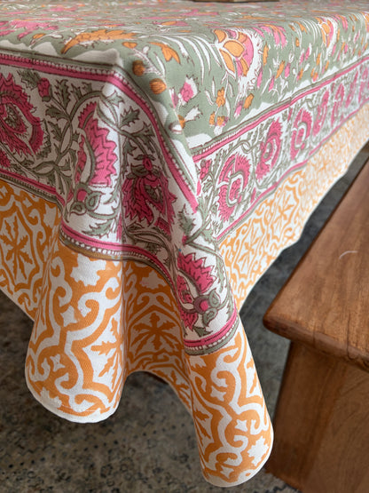 Zinnia Bazaar Block Print Cotton Tablecloth collection - Green Pink Orange - Multiple Sizes