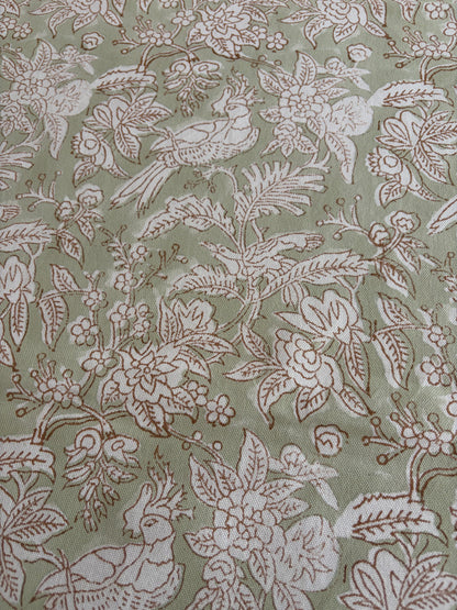 Olive Aviary Block Print Cotton Tablecloth collection - Green White - Multiple Sizes