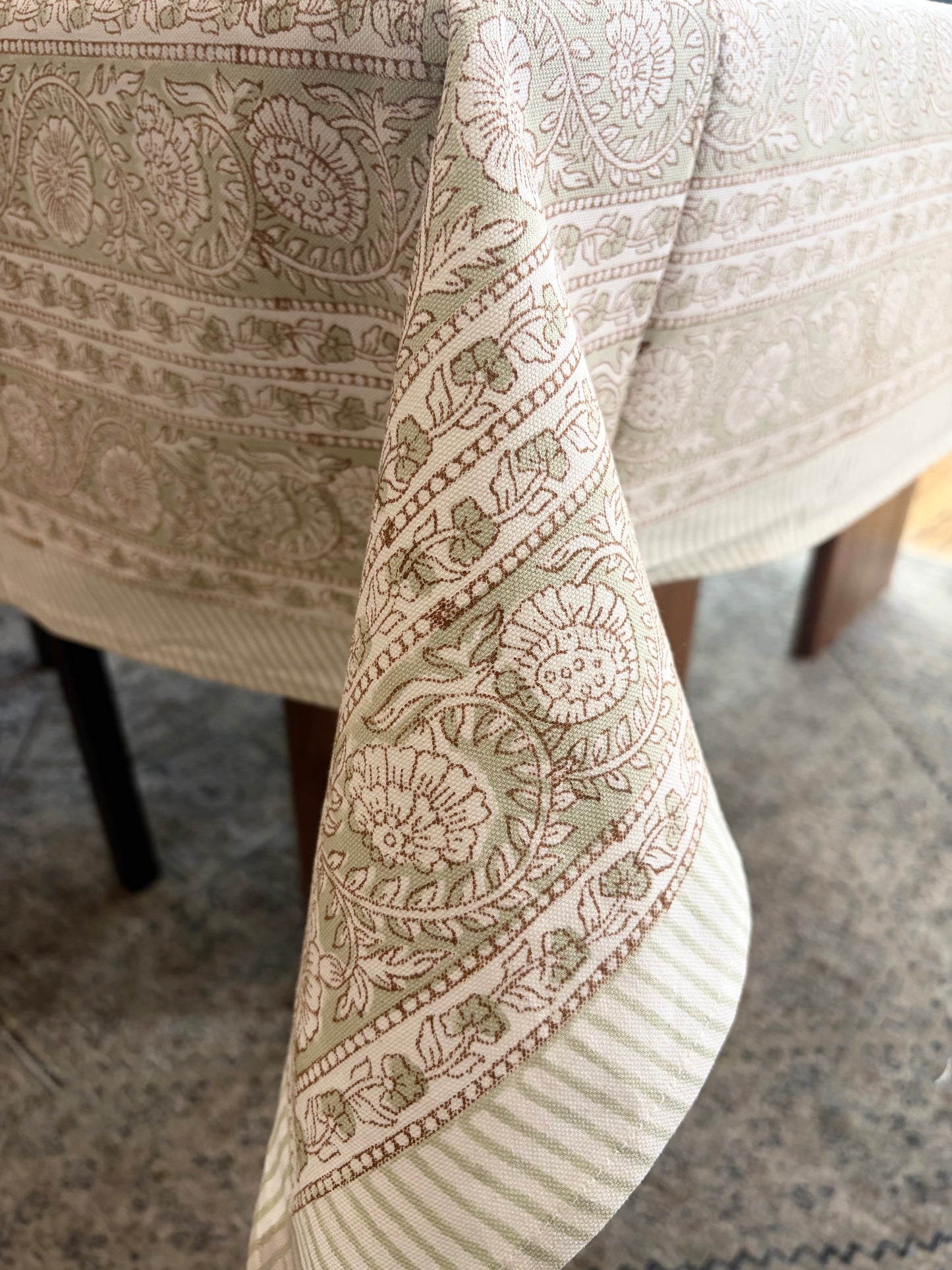 Olive Aviary Block Print Cotton Tablecloth collection - Green White - Multiple Sizes