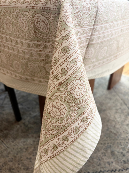 Olive Aviary Block Print Cotton Tablecloth collection - Green White - Multiple Sizes